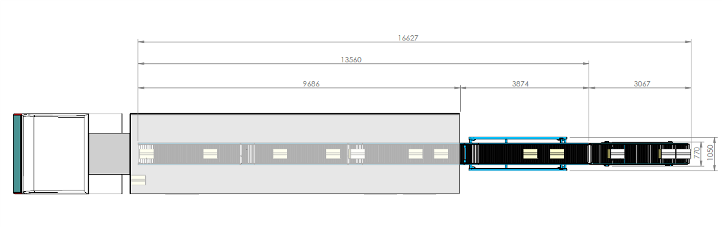 コンテナの奥まで伸長した手動式伸縮コンベヤの寸法図